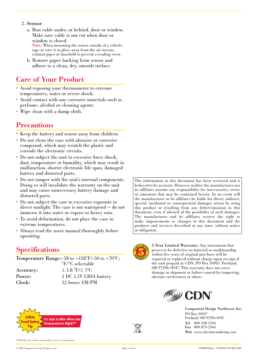 Care of your product, Precautions, Specifications | CDN DTC1-G - Air Thermometer & Clock EN User Manual | Page 2 / 2