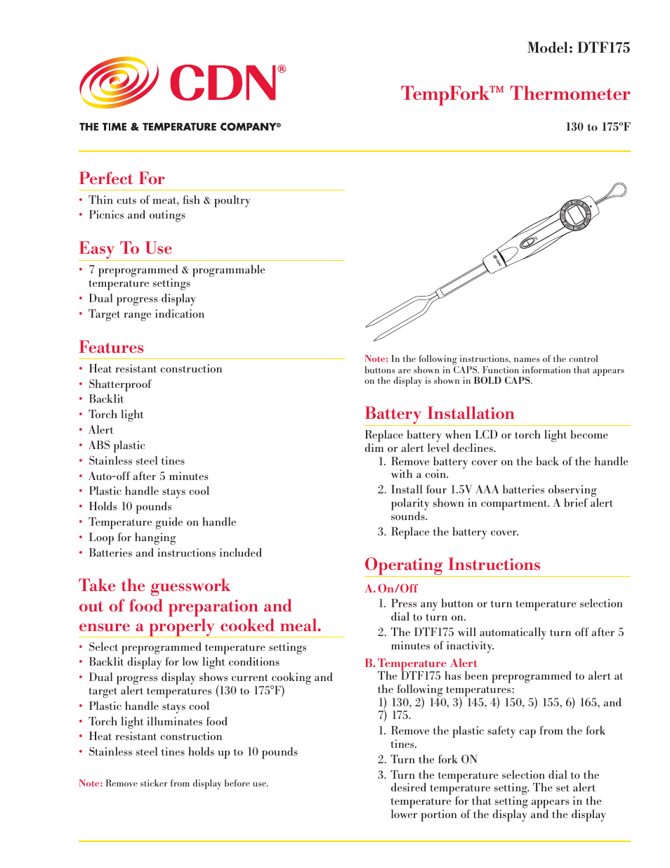 CDN DTF175 - TempFork™ Thermometer EN User Manual | 2 pages
