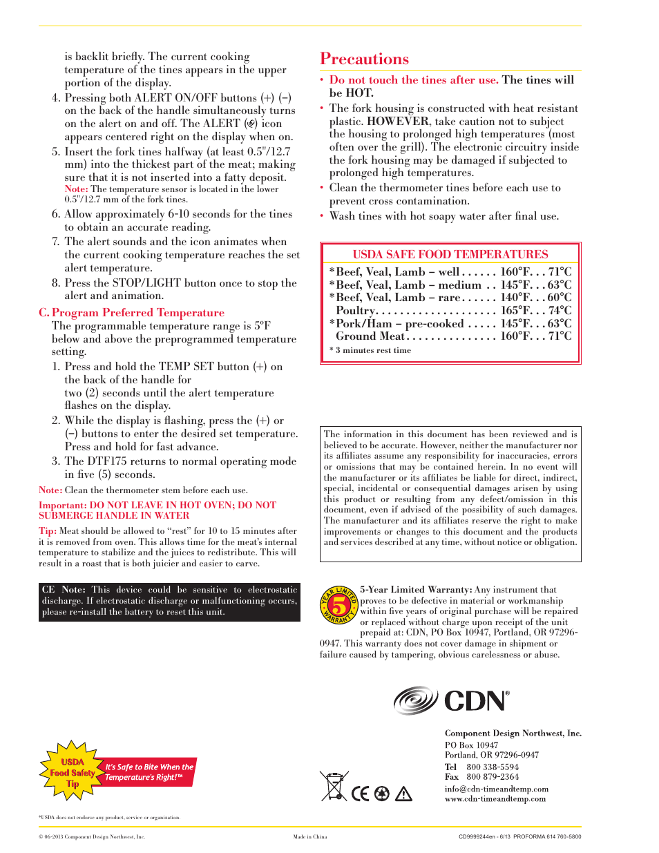 Precautions | CDN DTF175 - TempFork™ Thermometer EN User Manual | Page 2 / 2