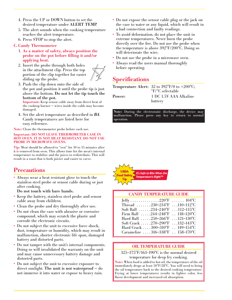 Precautions, Specifications | CDN DTP392 - Probe Thermometer EN User Manual | Page 2 / 3