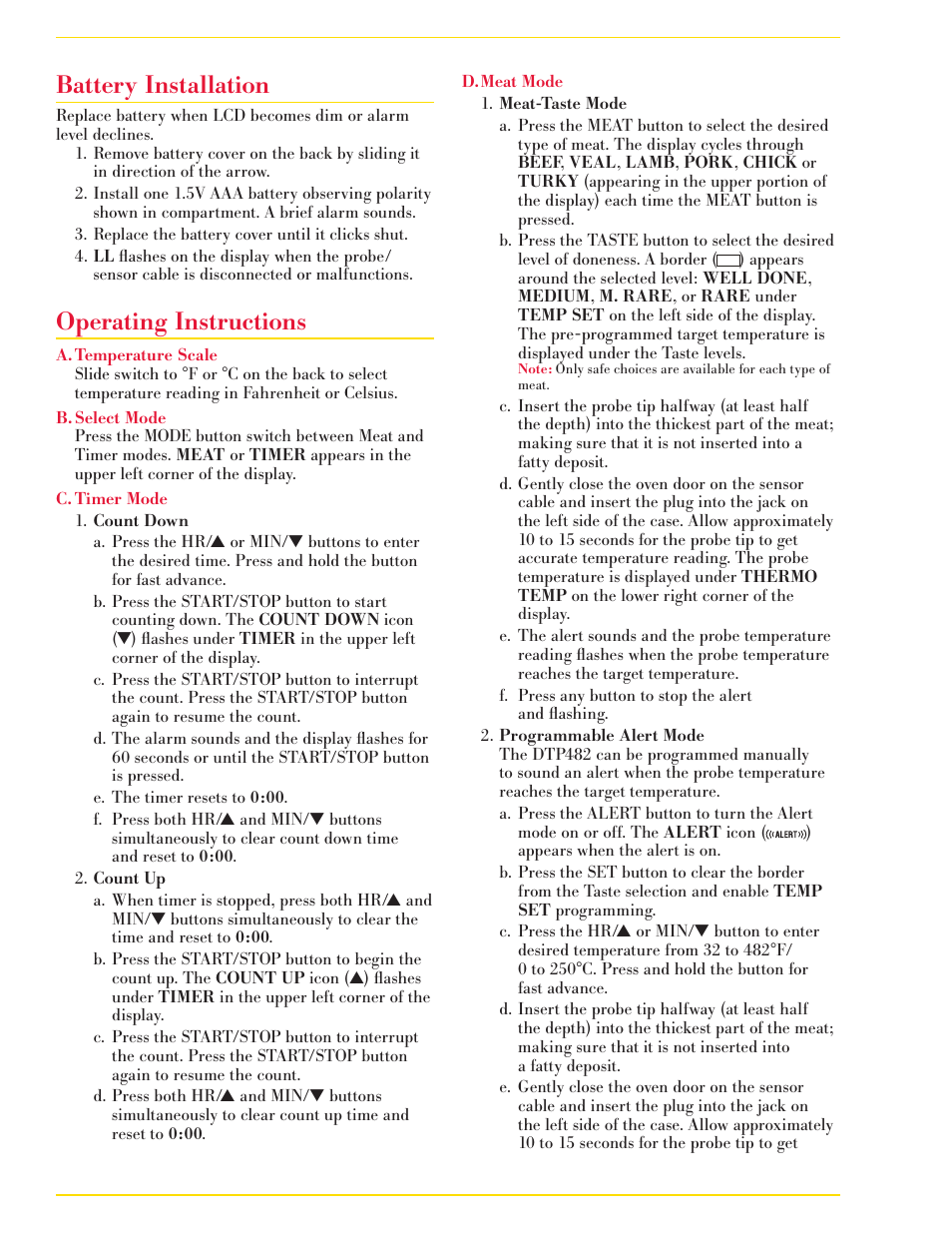 Battery installation, Operating instructions | CDN DTP482 - Programmable Probe Thermometer/Timer EN User Manual | Page 2 / 4