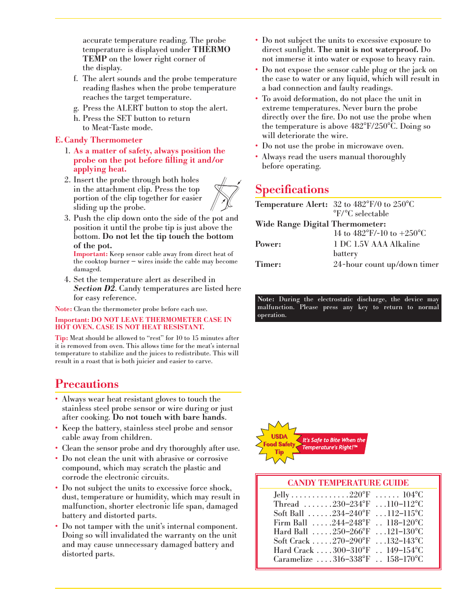 Precautions, Specifications | CDN DTP482 - Programmable Probe Thermometer/Timer EN User Manual | Page 3 / 4