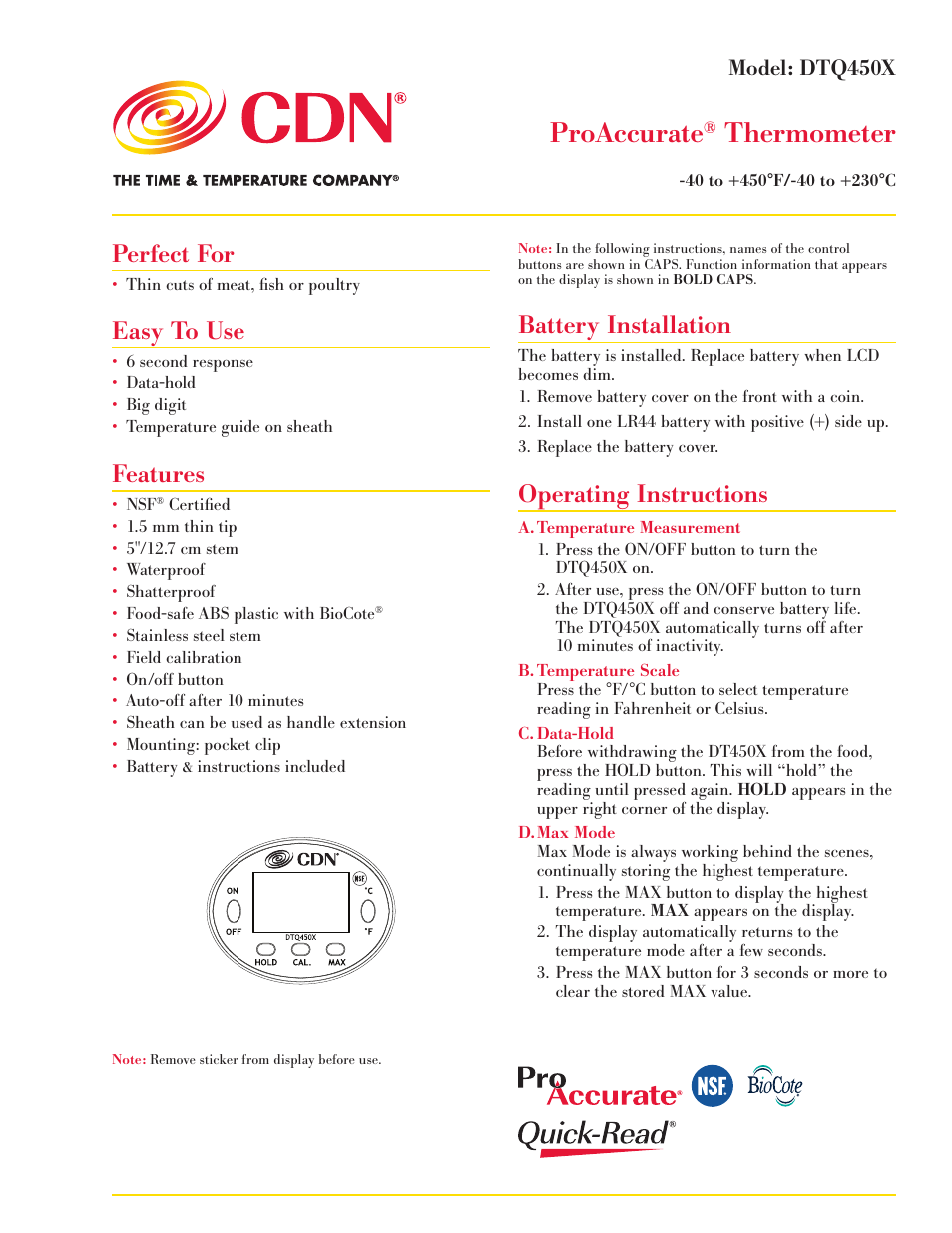 CDN DTQ450X - ProAccurate® Thermometer EN User Manual | 2 pages