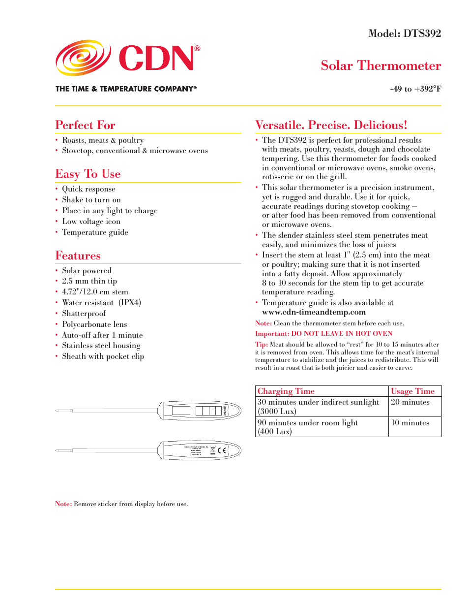 CDN DTS392 - Solar Thermometer EN User Manual | 2 pages