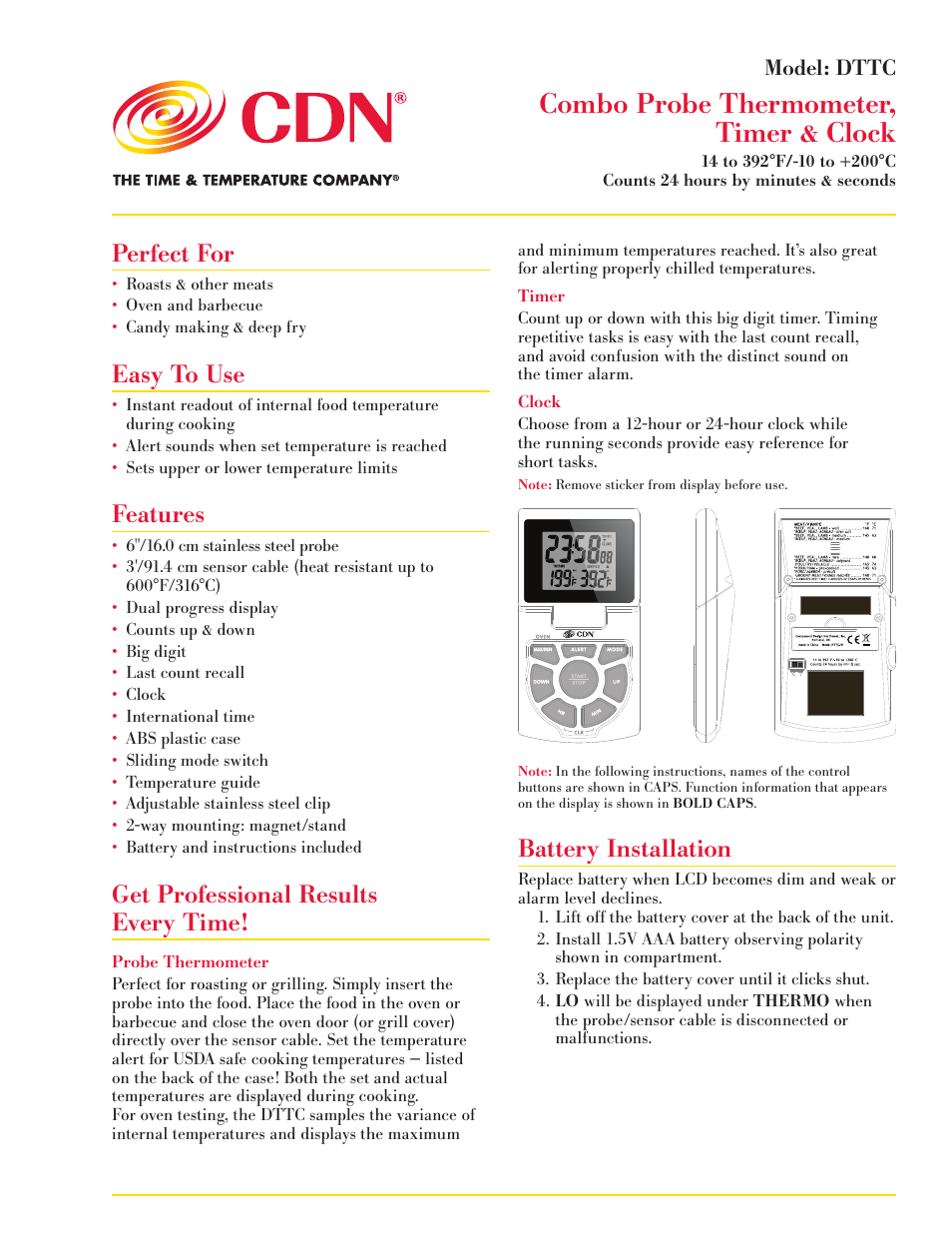 CDN DTTC-S - Combo Probe Thermometer, Timer & Clock - Silver EN User Manual | 4 pages