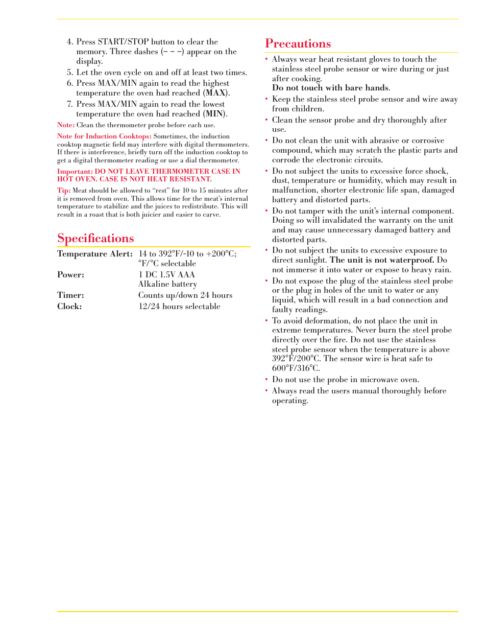 Specifications, Precautions | CDN DTTC-S - Combo Probe Thermometer, Timer & Clock - Silver EN User Manual | Page 3 / 4