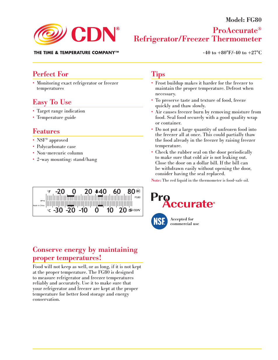CDN FG80 - ProAccurate® Refrigerator/Freezer Thermometer EN User Manual | 2 pages