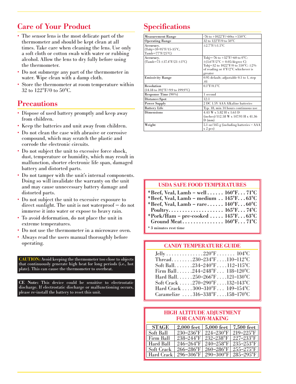 Care of your product, Precautions, Specifications | CDN IN1022 - Infrared Gun EN User Manual | Page 4 / 5