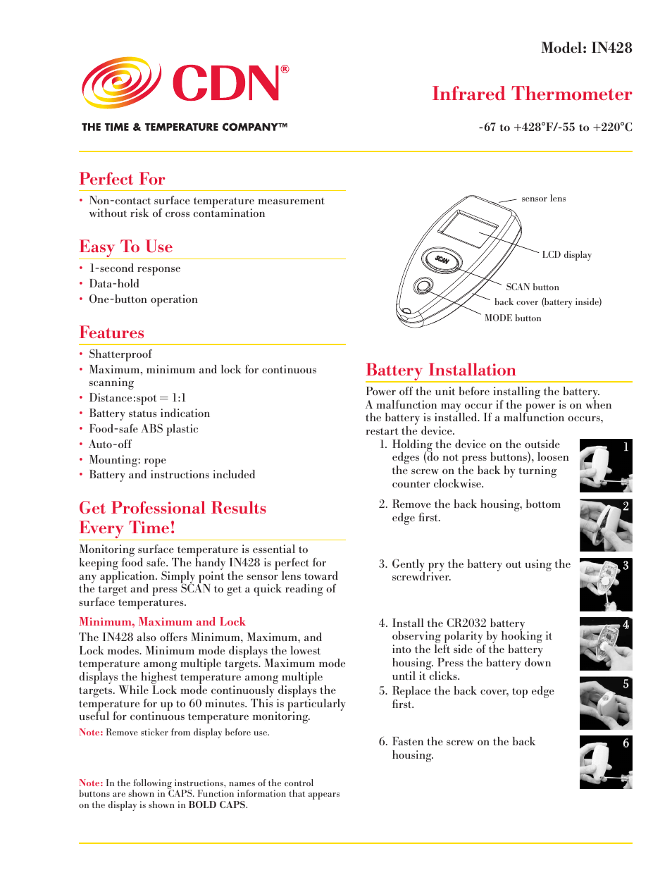 CDN IN428 - Infrared Thermometer EN User Manual | 3 pages