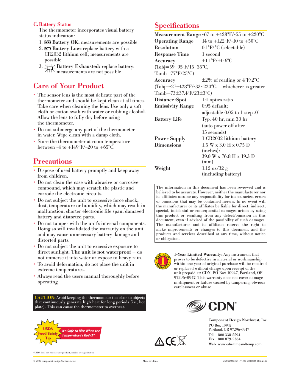 Care of your product, Precautions, Specifications | CDN IN428 - Infrared Thermometer EN User Manual | Page 3 / 3