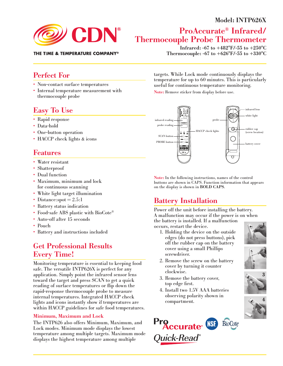 CDN INTP626X - ProAccurate® Infrared/Thermocouple Probe Thermometer EN User Manual | 4 pages