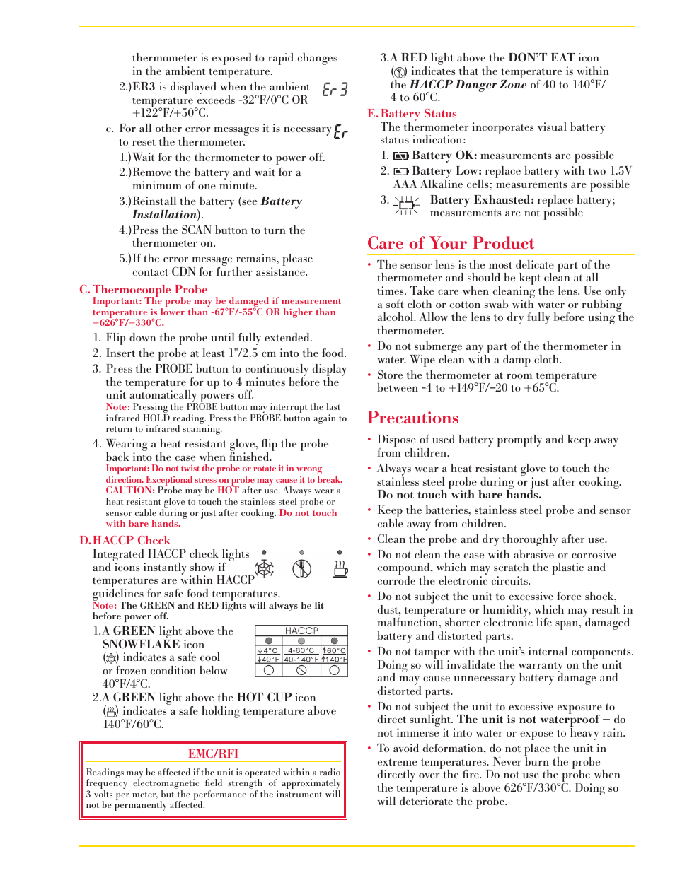 Care of your product, Precautions | CDN INTP626X - ProAccurate® Infrared/Thermocouple Probe Thermometer EN User Manual | Page 3 / 4