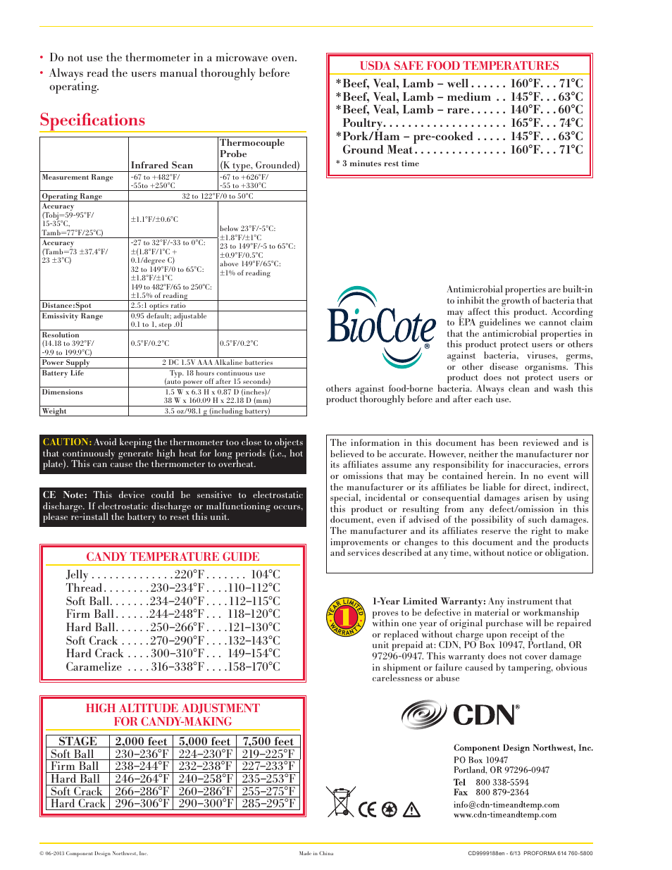 Specifications | CDN INTP626X - ProAccurate® Infrared/Thermocouple Probe Thermometer EN User Manual | Page 4 / 4