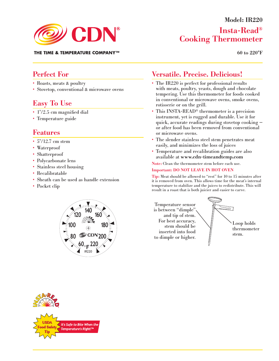 CDN IR220 - Insta-Read® Cooking Thermometer EN User Manual | 2 pages