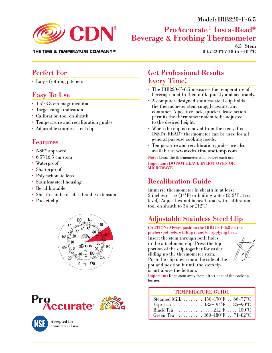 CDN IRB220-F-6.5 - ProAccurate® Insta-Read® Beverage & Frothing Thermometer – 6.5” Stem EN User Manual | 2 pages