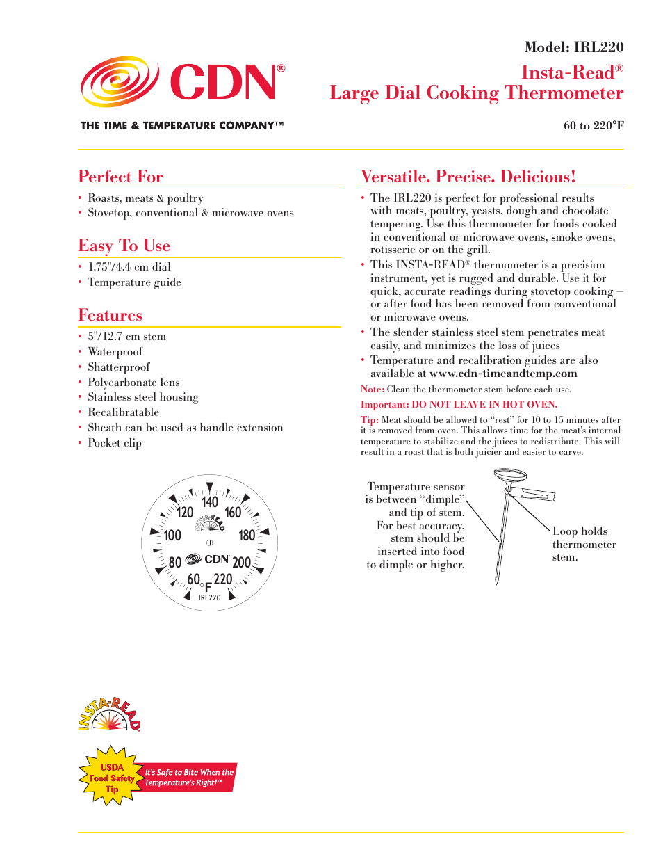 CDN IRL220 - Insta-Read® Large Dial Cooking Thermometer EN User Manual | 2 pages