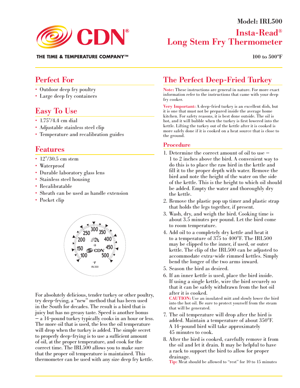 CDN IRL500 - Insta-Read® Long Stem Fry Thermometer – 12" EN User Manual | 2 pages