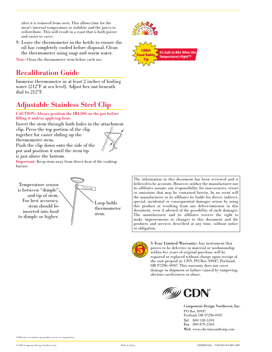 Recalibration guide, Adjustable stainless steel clip | CDN IRL500 - Insta-Read® Long Stem Fry Thermometer – 12" EN User Manual | Page 2 / 2