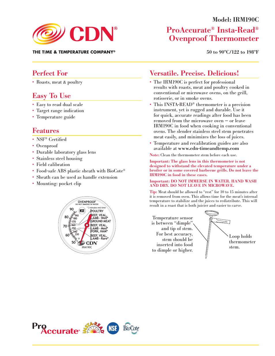 CDN IRM190C - ProAccurate® Insta-Read® Ov ENproof Meat/Poultry Thermometer - Celsius EN User Manual | 2 pages