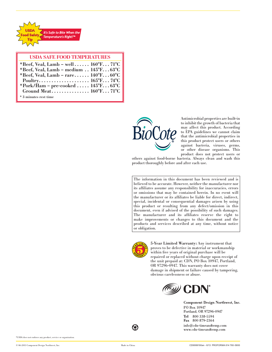 CDN IRM190C - ProAccurate® Insta-Read® Ov ENproof Meat/Poultry Thermometer - Celsius EN User Manual | Page 2 / 2