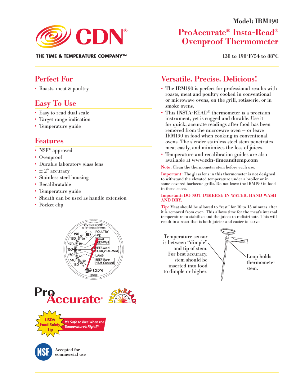 CDN IRM190 - ProAccurate® Insta-Read® Ov ENproof Meat/Poultry Thermometer EN User Manual | 2 pages