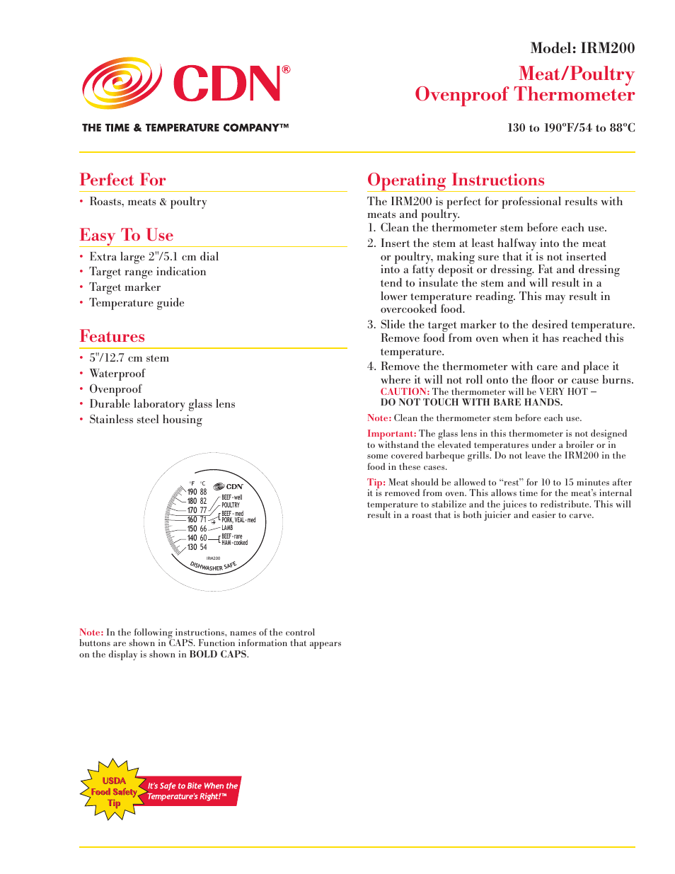 CDN IRM200 - Meat/Poultry Ov ENproof Thermometer EN User Manual | 2 pages