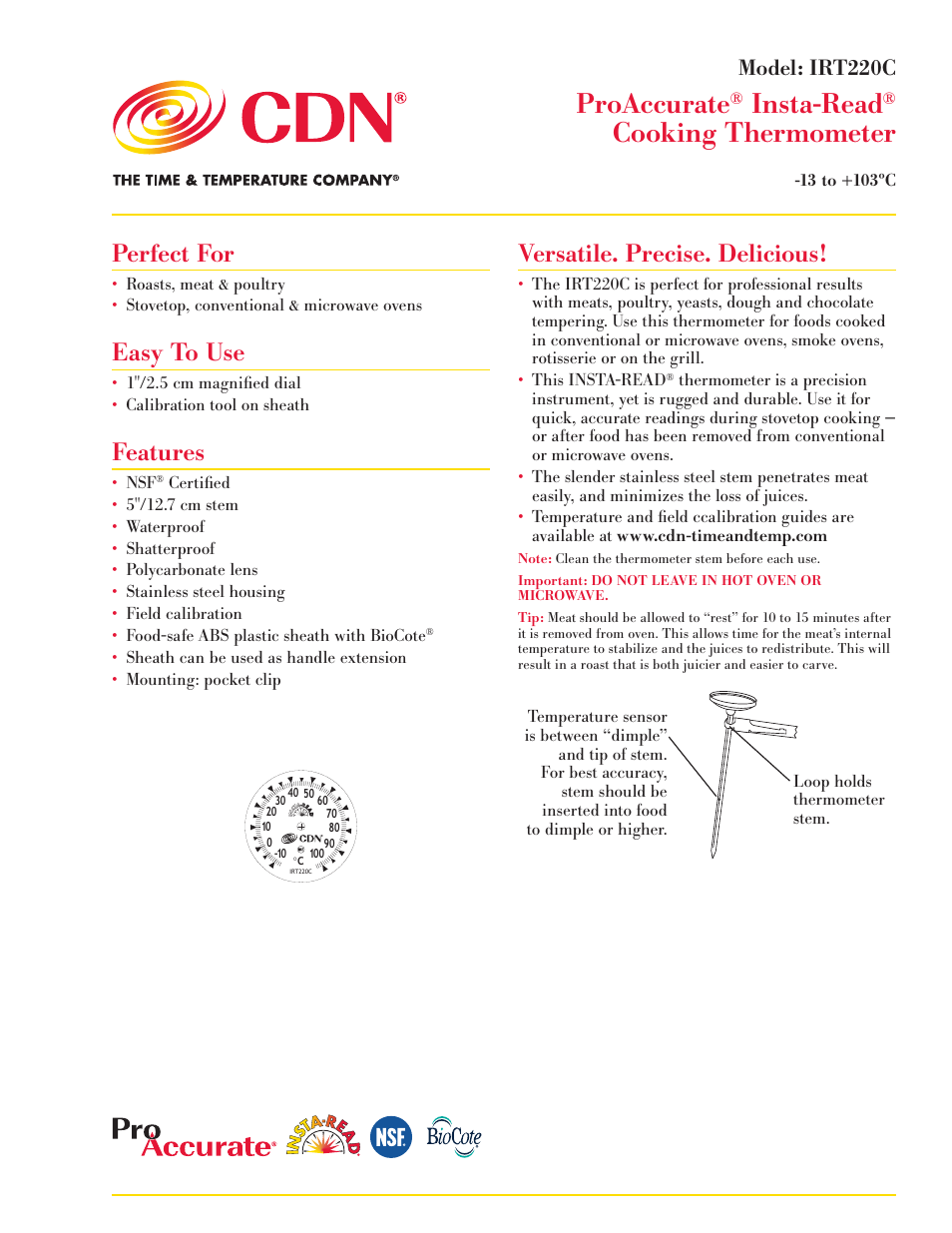 CDN IRT220C - ProAccurate® Insta-Read® Cooking Thermometer - Celsius EN User Manual | 2 pages