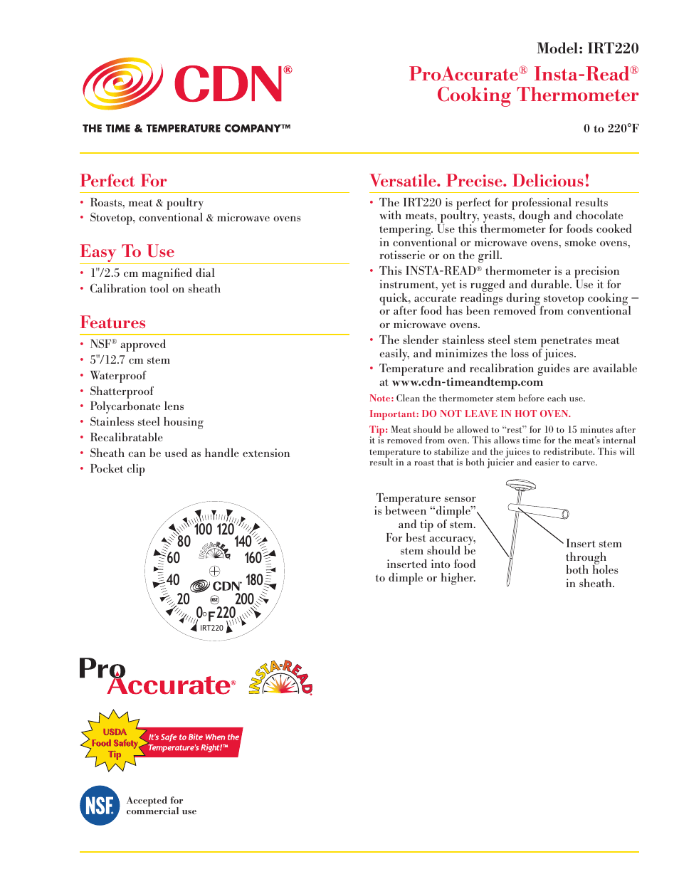 CDN IRT220 - ProAccurate® Insta-Read® Cooking Thermometer EN User Manual | 2 pages