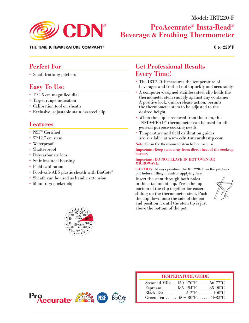 CDN IRT220-F - ProAccurate® Insta-Read® Beverage & Frothing Thermometer EN User Manual | 2 pages