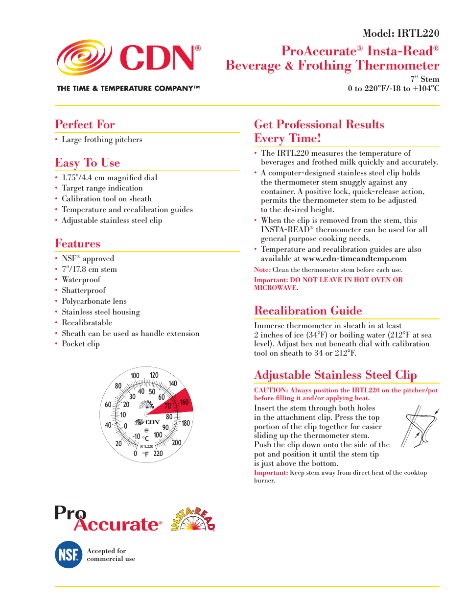 CDN IRTL220 - ProAccurate® Insta-Read® Beverage & Frothing Thermometer – 7” Stem EN User Manual | 2 pages