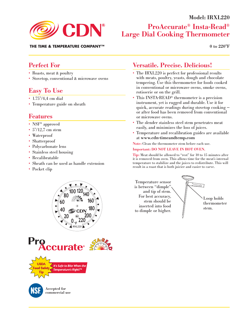 CDN IRXL220 - ProAccurate® Insta-Read® Large Dial Cooking Thermometer EN User Manual | 2 pages