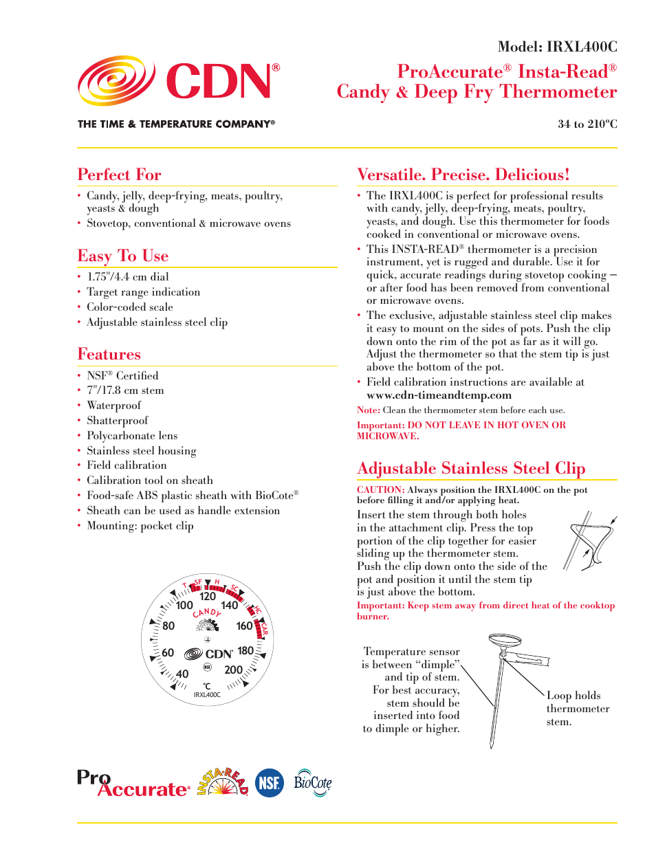 CDN IRXL400C - ProAccurate® Insta-Read® Candy & Deep Fry Thermometer - Celsius EN User Manual | 2 pages