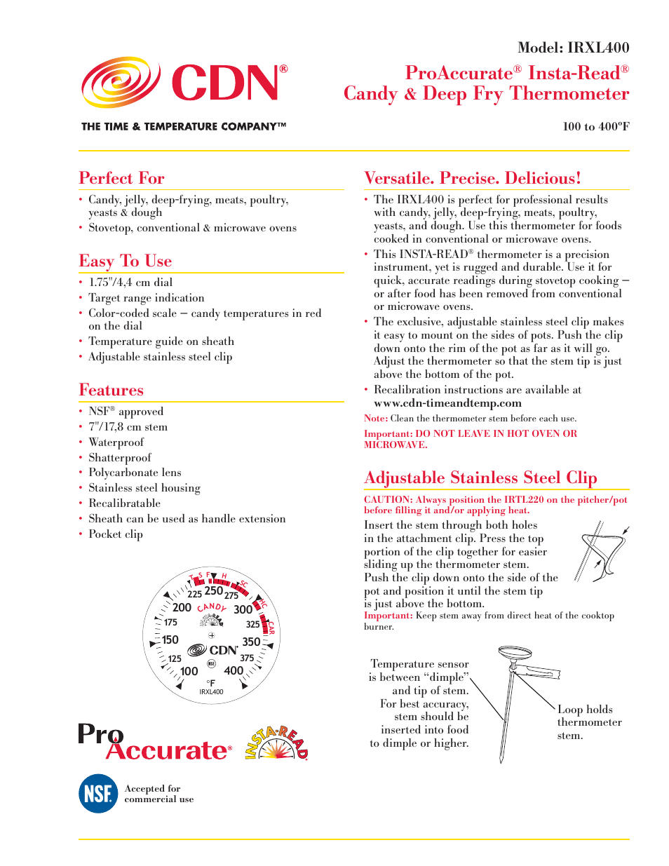 CDN IRXL400 - ProAccurate® Insta-Read® Candy & Deep Fry Thermometer EN User Manual | 2 pages