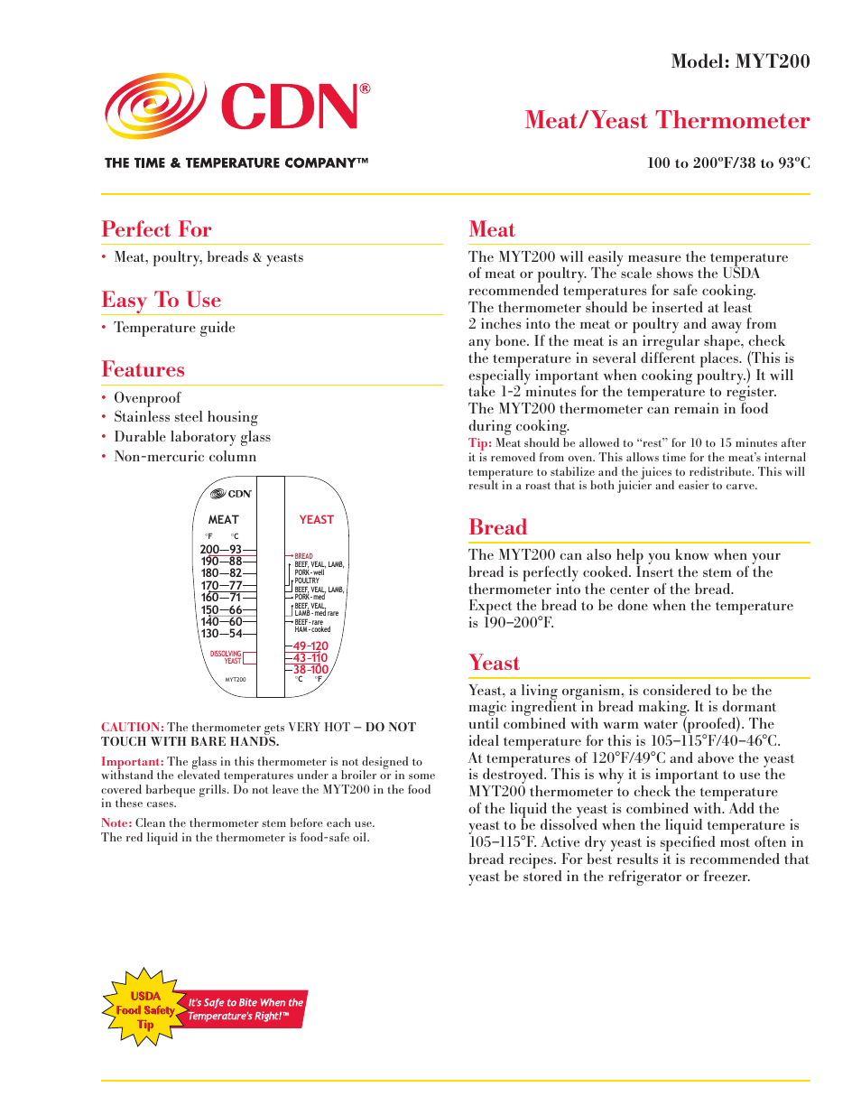 CDN MYT200 - Meat/Yeast Thermometer EN User Manual | 2 pages