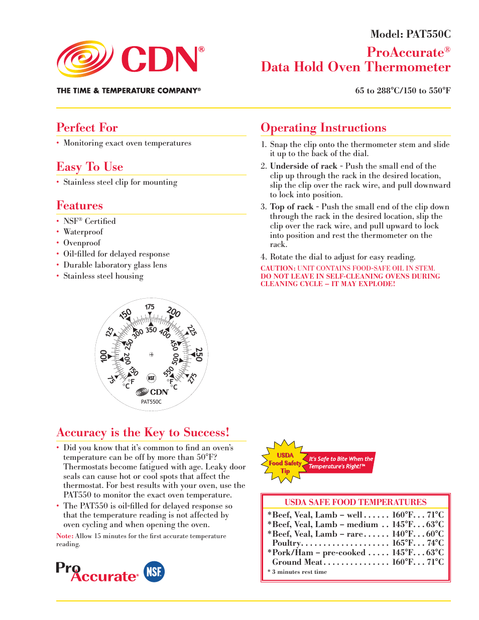CDN PAT550C - ProAccurate® Data Hold Ov EN Thermometer - Celsius EN User Manual | 2 pages