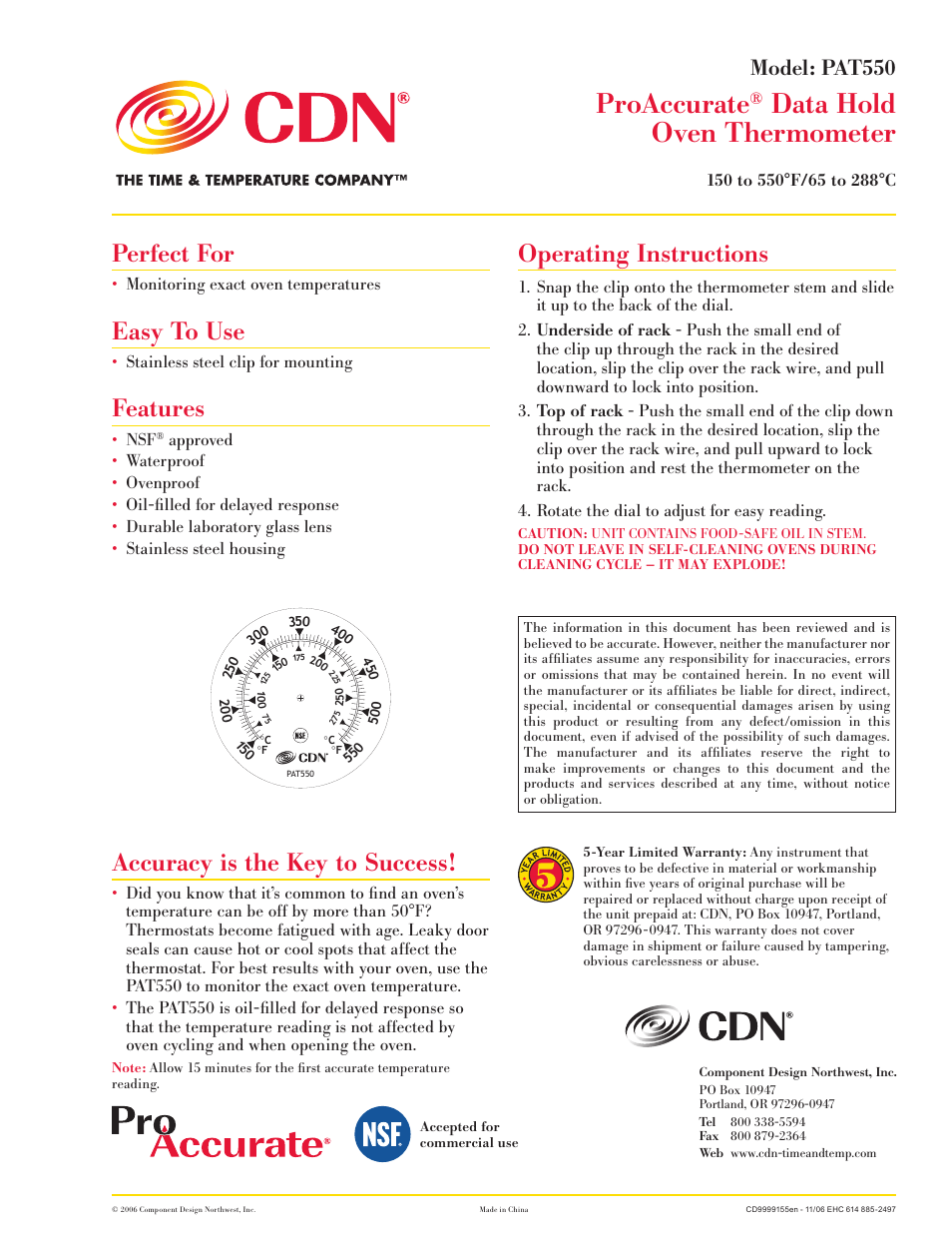 CDN PAT550 - ProAccurate® Data Hold Ov EN Thermometer EN User Manual | 1 page