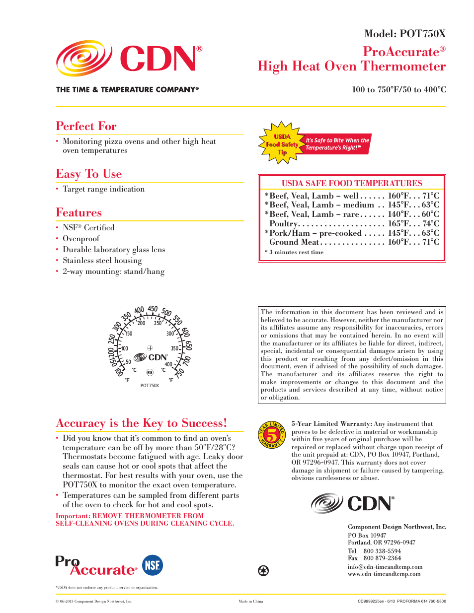 CDN POT750X - ProAccurate® High Heat Ov EN Thermometer EN User Manual | 1 page
