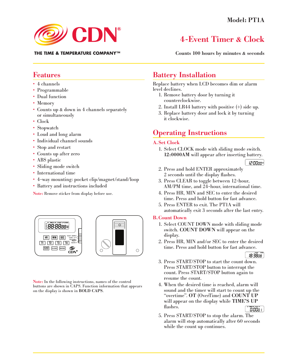 CDN PT1A - 4-Ev ENt Timer & Clock EN User Manual | 3 pages