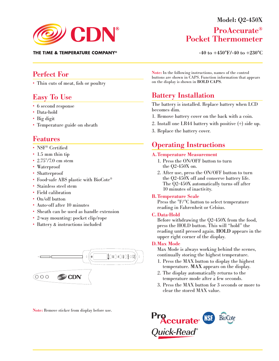 CDN Q2-450X - ProAccurate® Pocket Thermometer EN User Manual | 2 pages