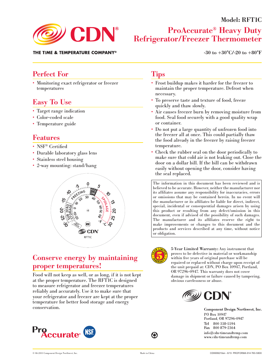 CDN RFT1C - ProAccurate® Heavy Duty Refrigerator/Freezer Thermometer - Celsius EN User Manual | 1 page