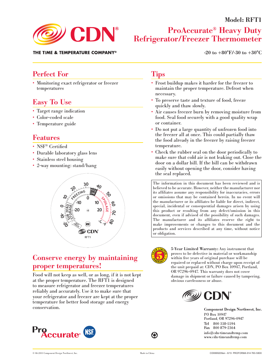 CDN RFT1 - ProAccurate® Heavy Duty Refrigerator/Freezer Thermometer EN User Manual | 1 page