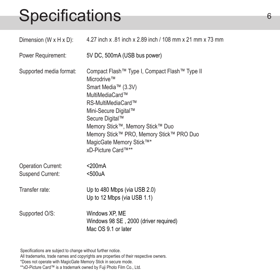 Specifications | Atech Flash Technology PRO-GEAR XP-14 User Manual | Page 7 / 8