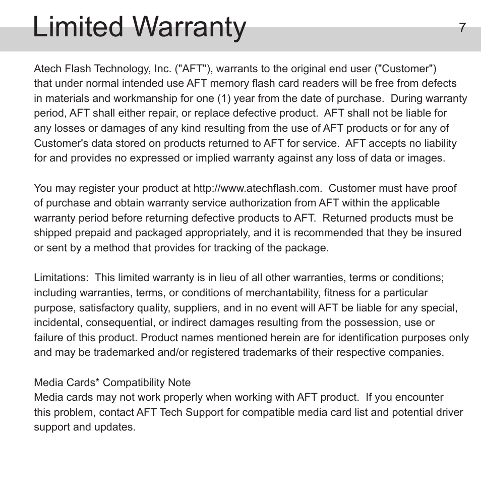Limited warranty | Atech Flash Technology PRO-GEAR XP-14 User Manual | Page 8 / 8