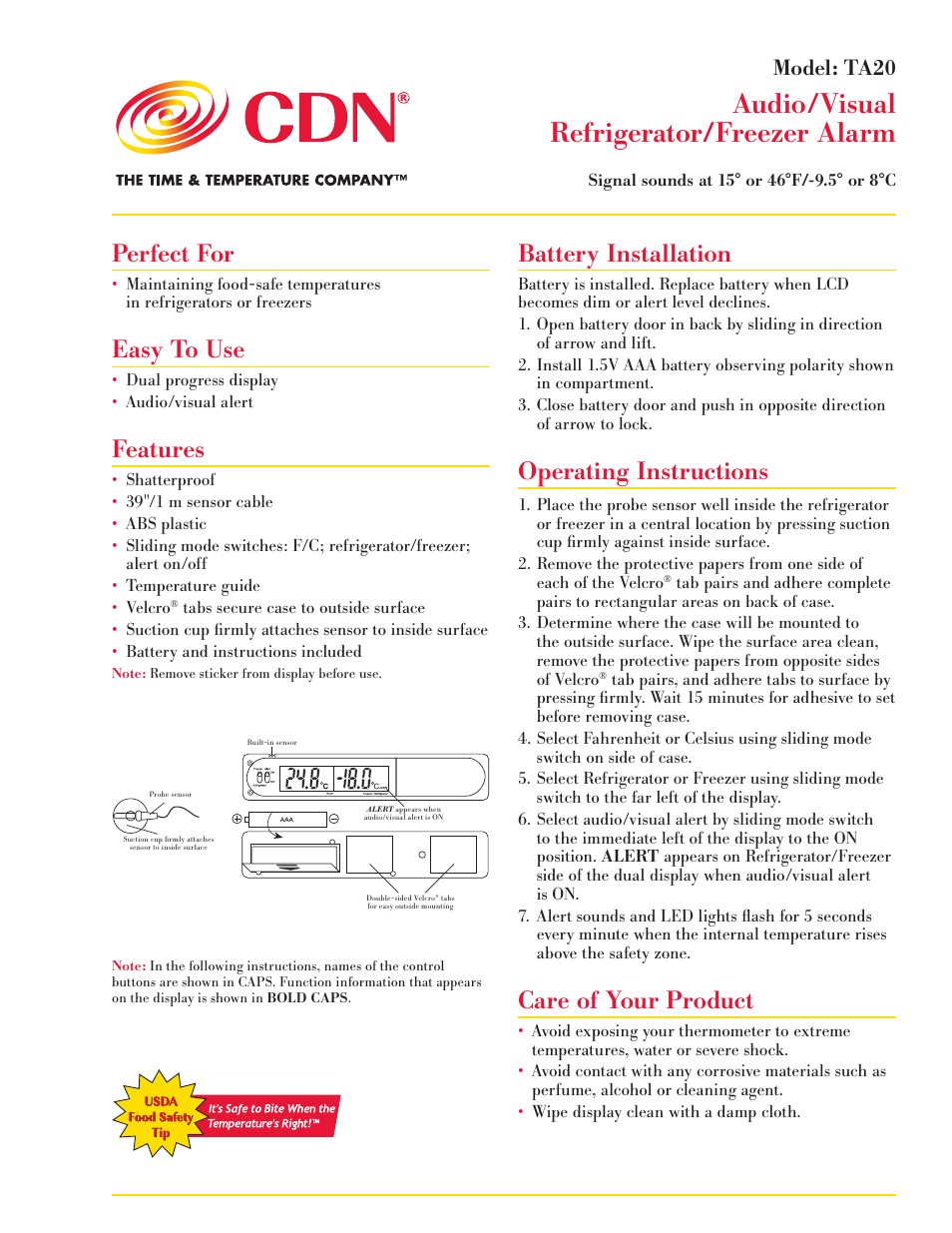 CDN TA20 - Audio/Visual Refrigerator/Freezer Alarm EN User Manual | 2 pages