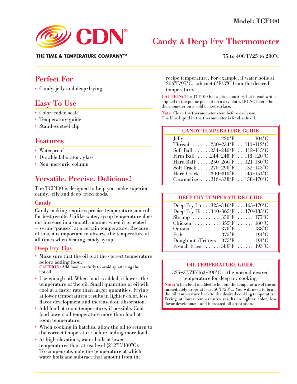 CDN TCF400 - Candy & Deep Fry Thermometer EN User Manual | 2 pages