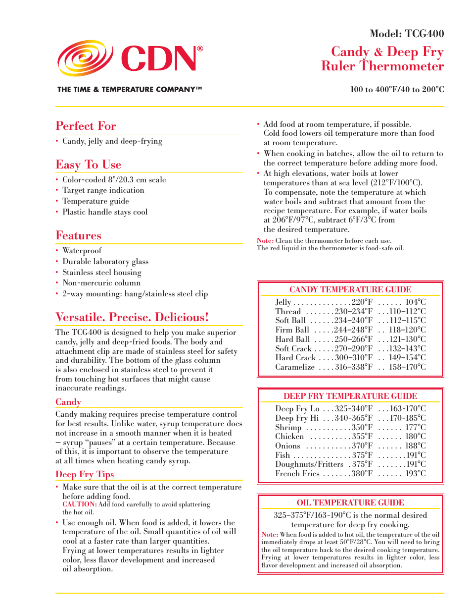 CDN TCG400 - Candy & Deep Fry Ruler Thermometer EN User Manual | 2 pages