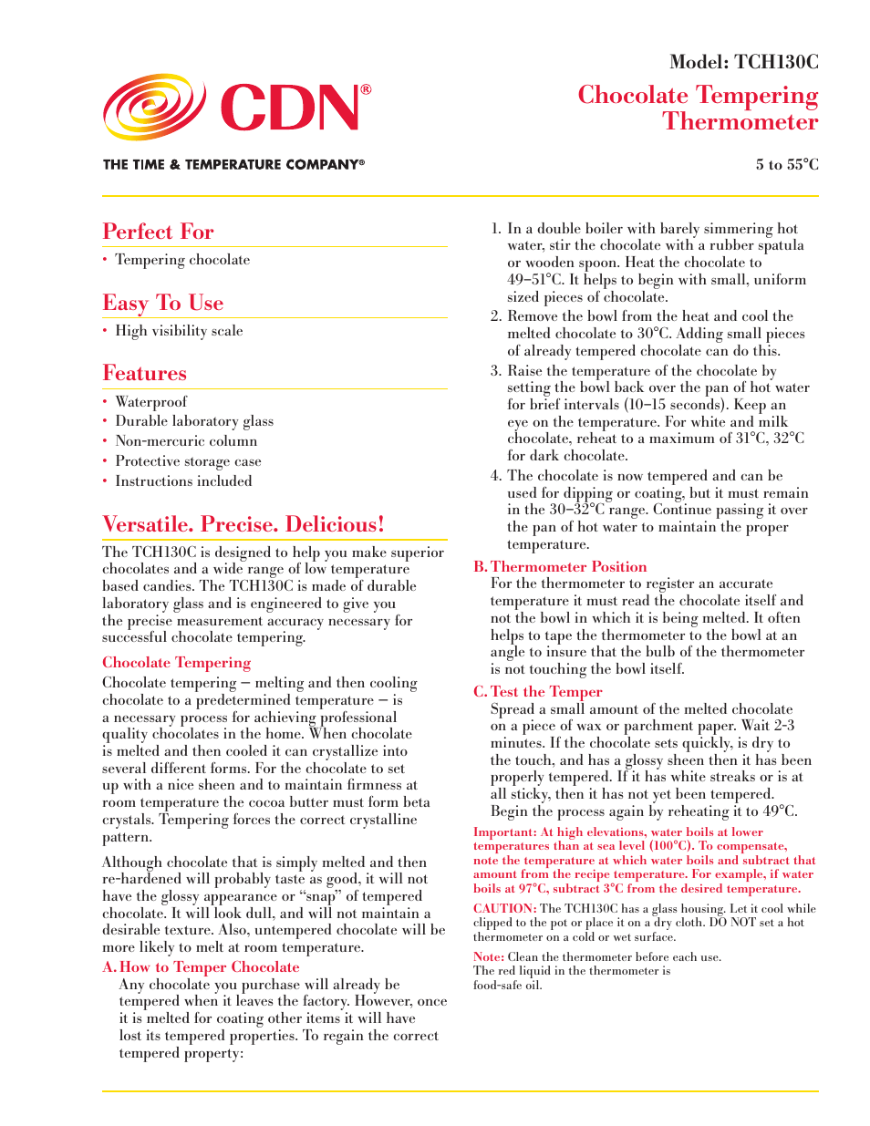 CDN TCH130C - Chocolate Tempering Thermometer - Celsius EN User Manual | 2 pages