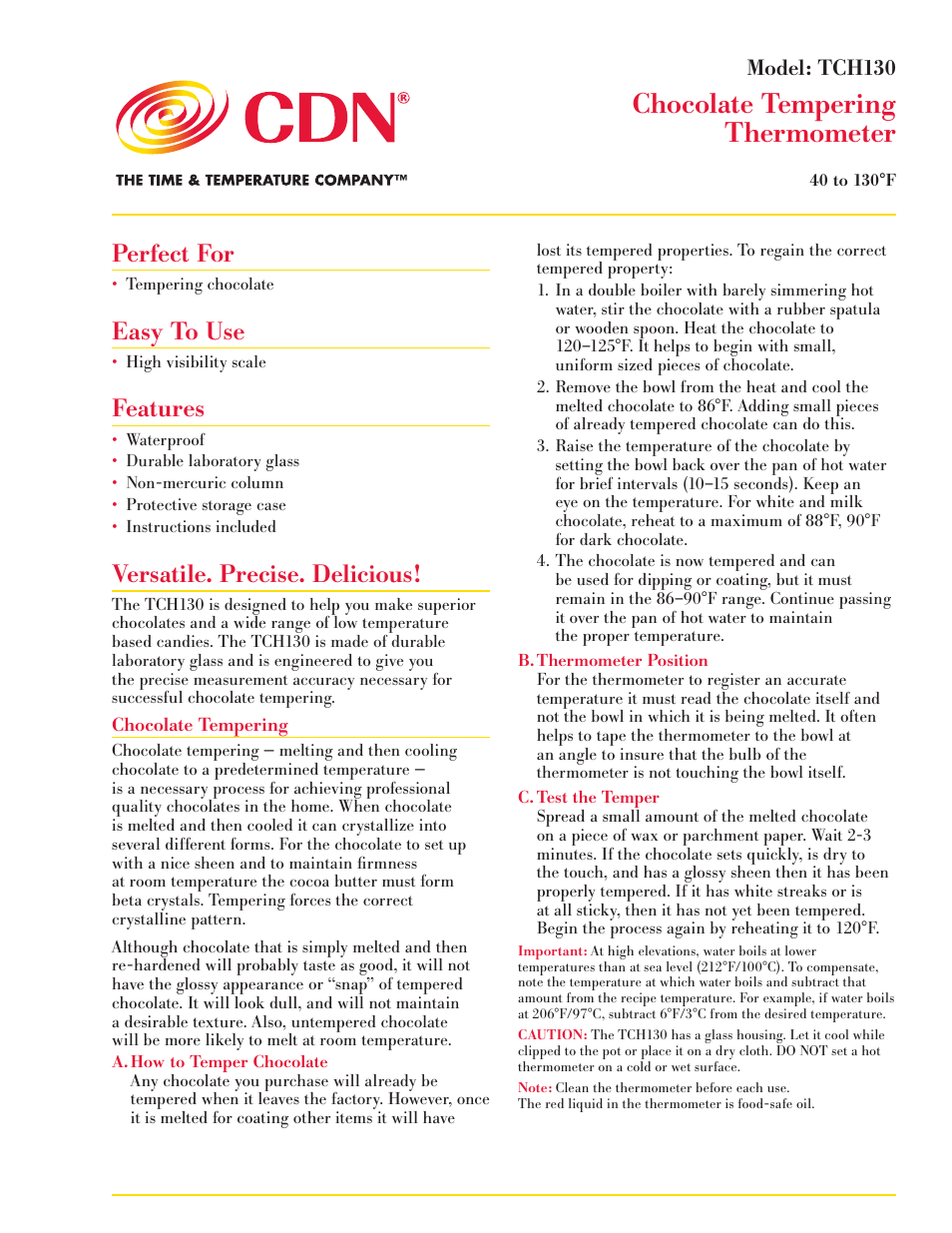 CDN TCH130 - Chocolate Tempering Thermometer EN User Manual | 2 pages