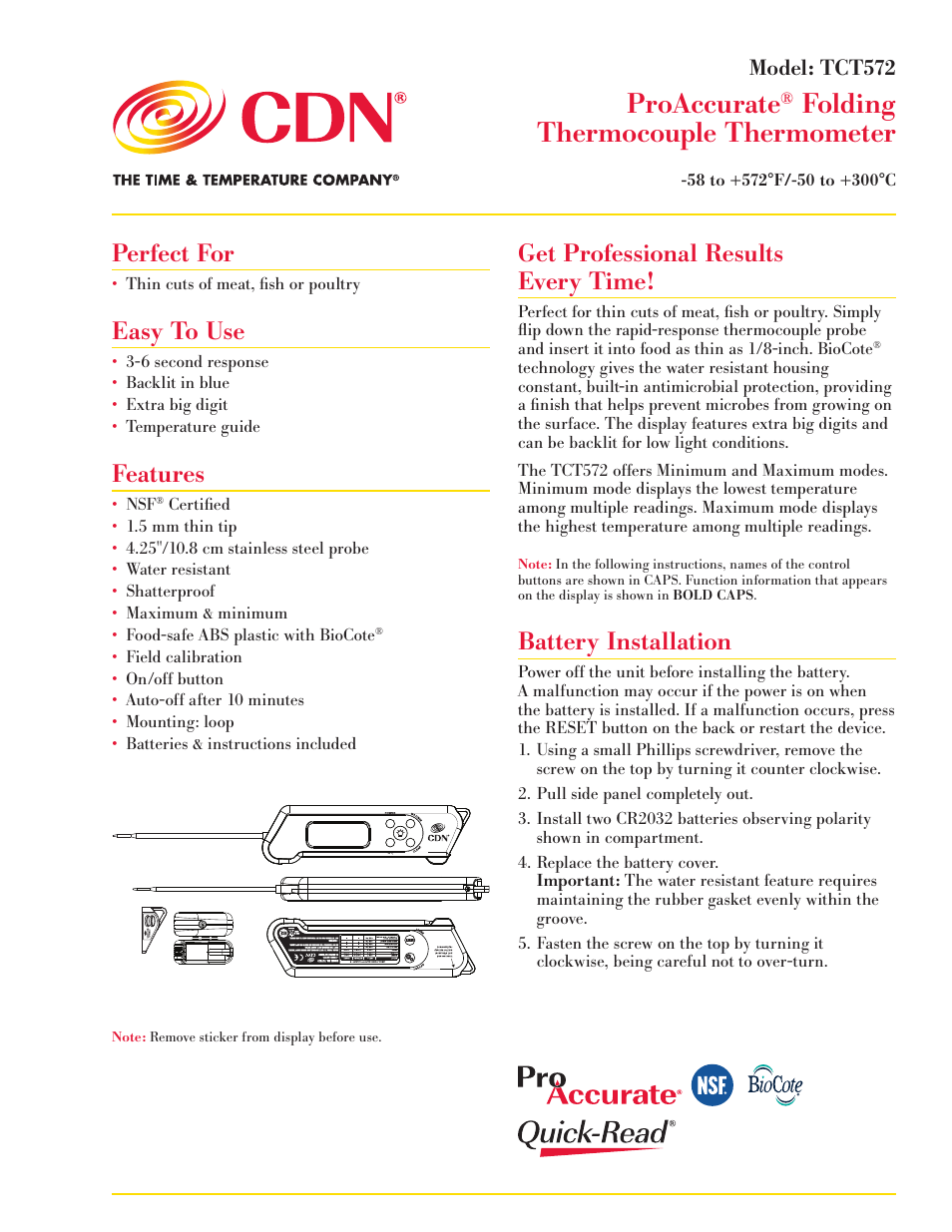 CDN TCT572-BK - ProAccurate® Folding Thermocouple Thermometer - Black EN User Manual | 4 pages