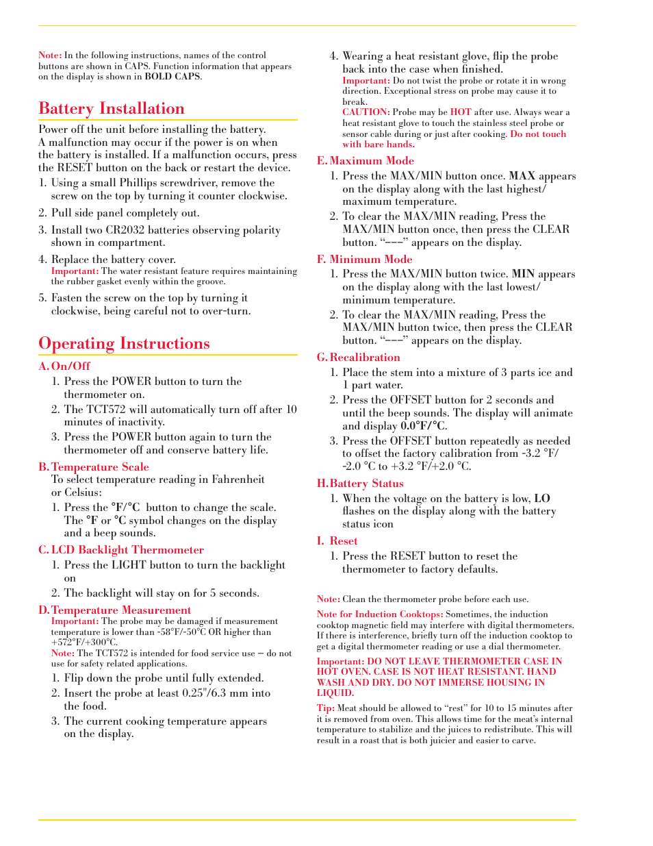 Battery installation, Operating instructions | CDN TCT572-W - ProAccurate® Folding Thermocouple Thermometer - White EN User Manual | Page 2 / 4